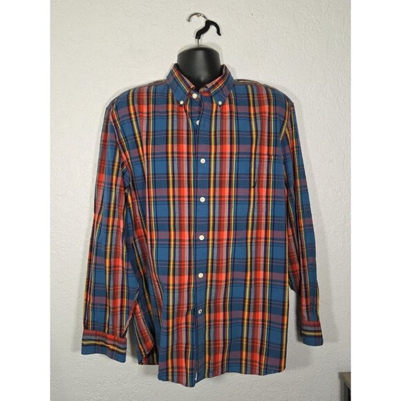 Nautica Men Dress Shirt Extra Large Red Cotton Plaid Collar Button Classic Fit - Picture 1 of 7